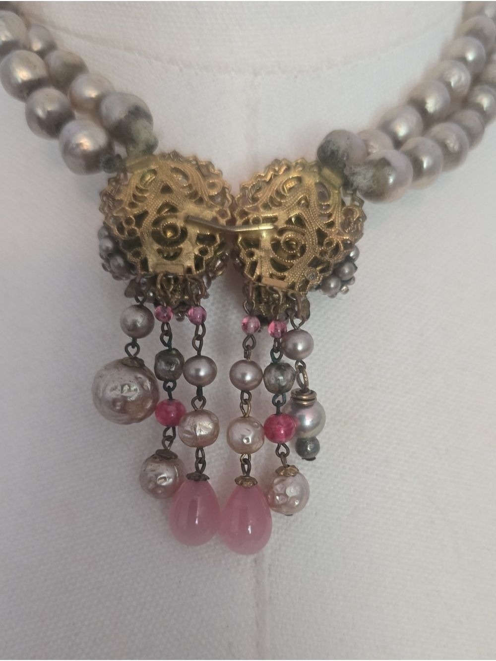 Vintage Two Strand Pearl Rhinestone Beaded Choker Necklace - Picture 11 of 12